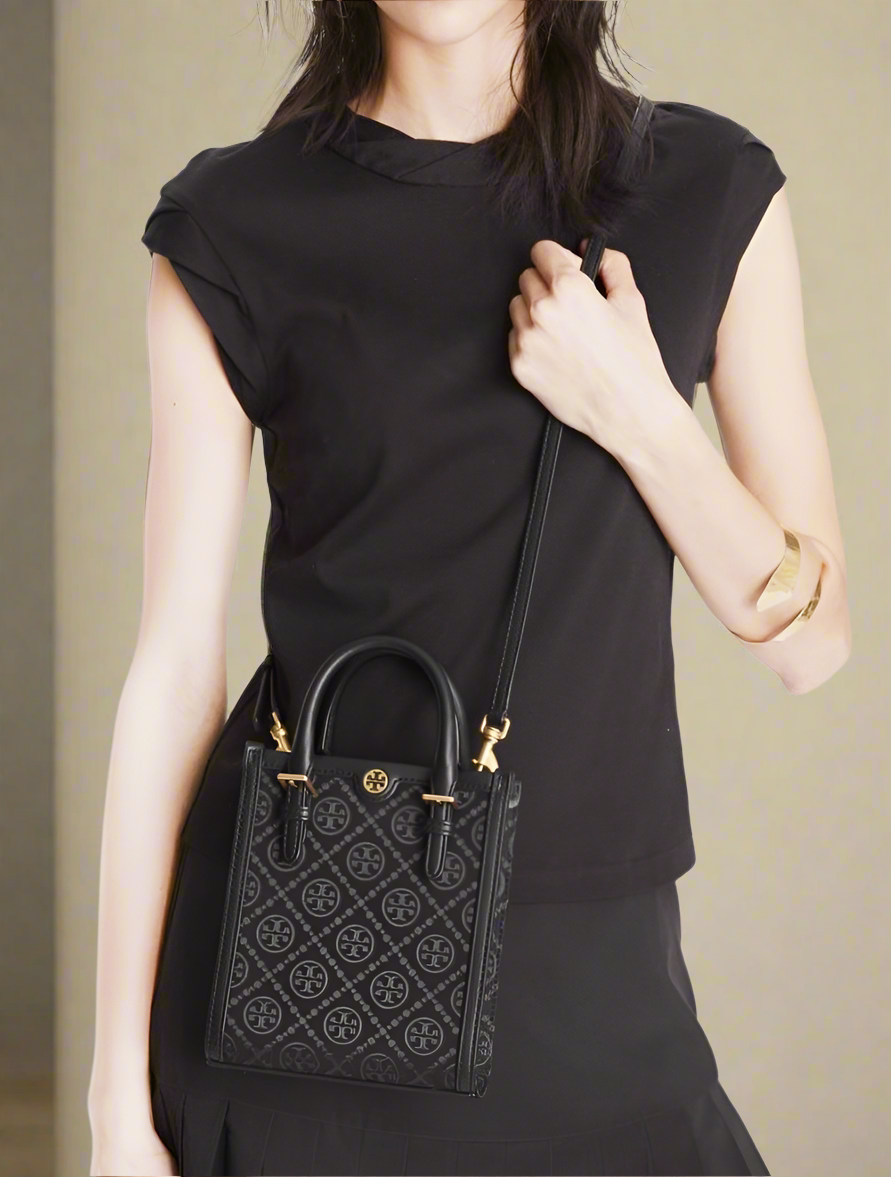 TORY BURCH MINI JACQUARD T MONOGRAM TOTE BLACK