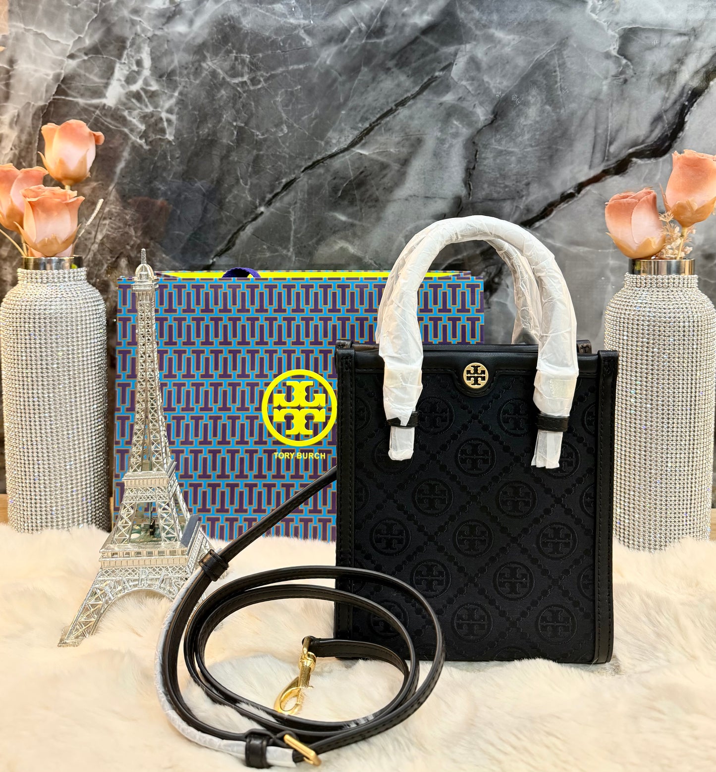 TORY BURCH MINI JACQUARD T MONOGRAM TOTE BLACK