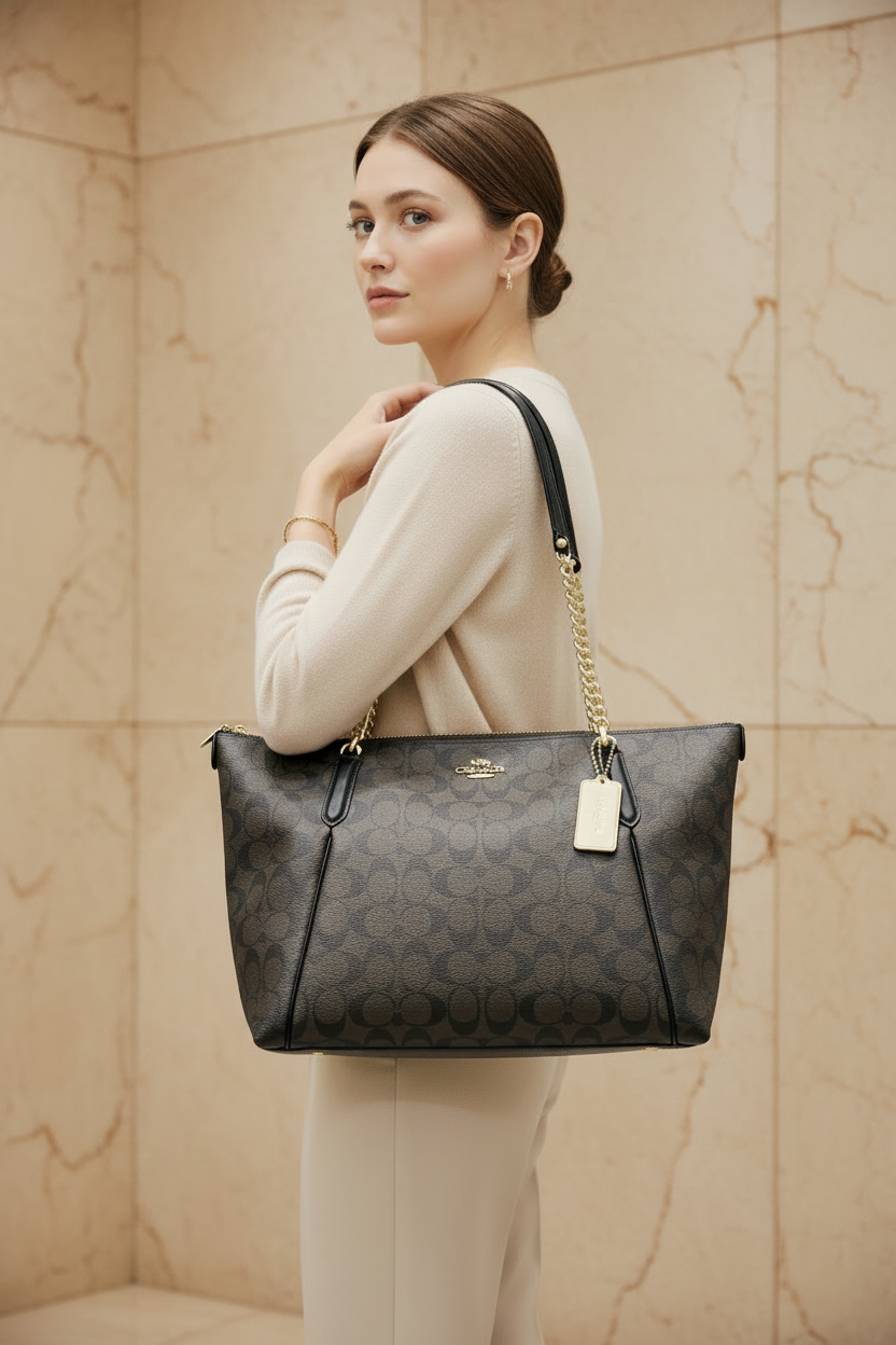 COACH AVA LARGE ZIP TOP TOTE IN SIGNATURE BLACK BROWN