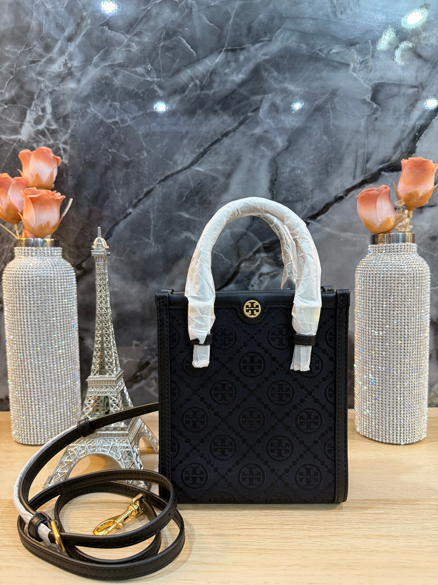 TORY BURCH MINI JACQUARD T MONOGRAM TOTE BLACK