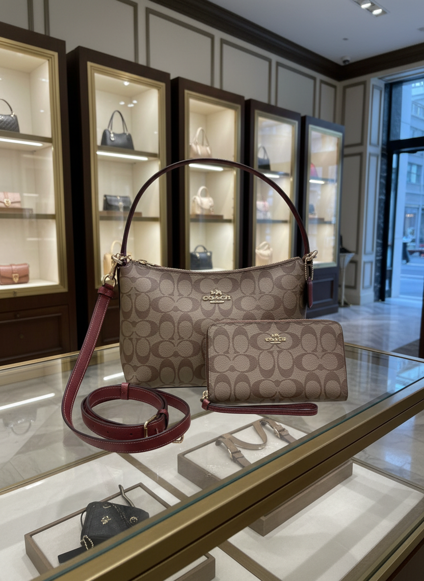 COACH BUNDLE LEWIS SHOULDER BAG/CROSSBODY BAG & ZIP AROUND WRISLET WALLET IN SIGNATURE CANVAS METTALIC CLAY LINING