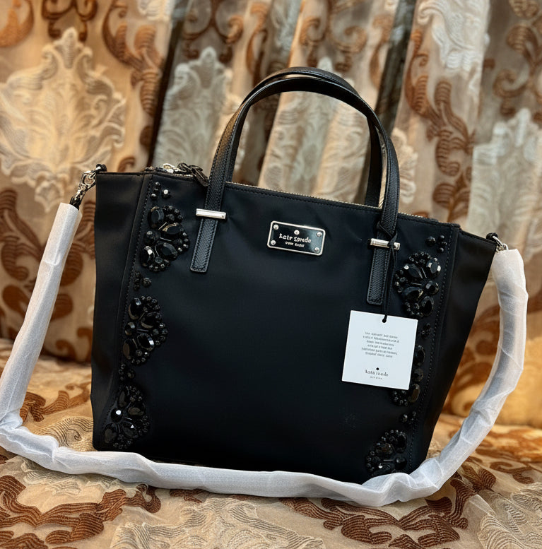 KATE SPADE NEW YORK ALYSE WILSON ROAD EMBELISHED SATCHEL TOTE HANDBAG ZIPPER SNAP -NYLON - BLACK