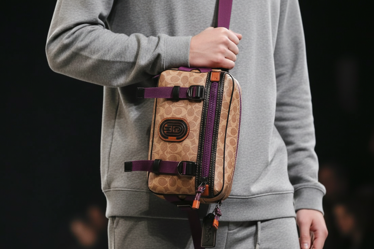 حقيبة خصر/حقيبة جسم محدودة الإصدار مطبوعة بشعار كوتش، مصنوعة من قماش الكانفاس البني المميز.