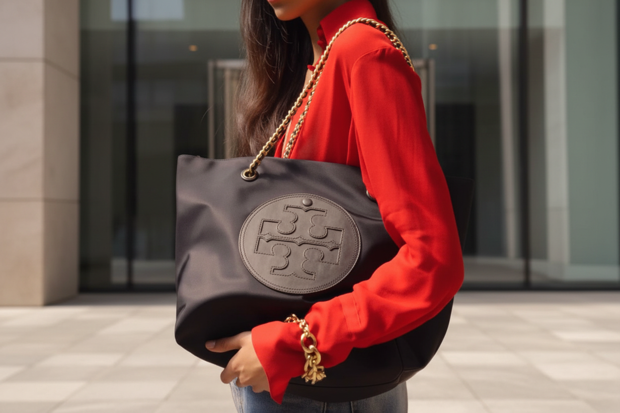 حقيبة تسوق توري بورش إيلا بوبي ذات سلسلة إغلاق مغناطيسية - أسود