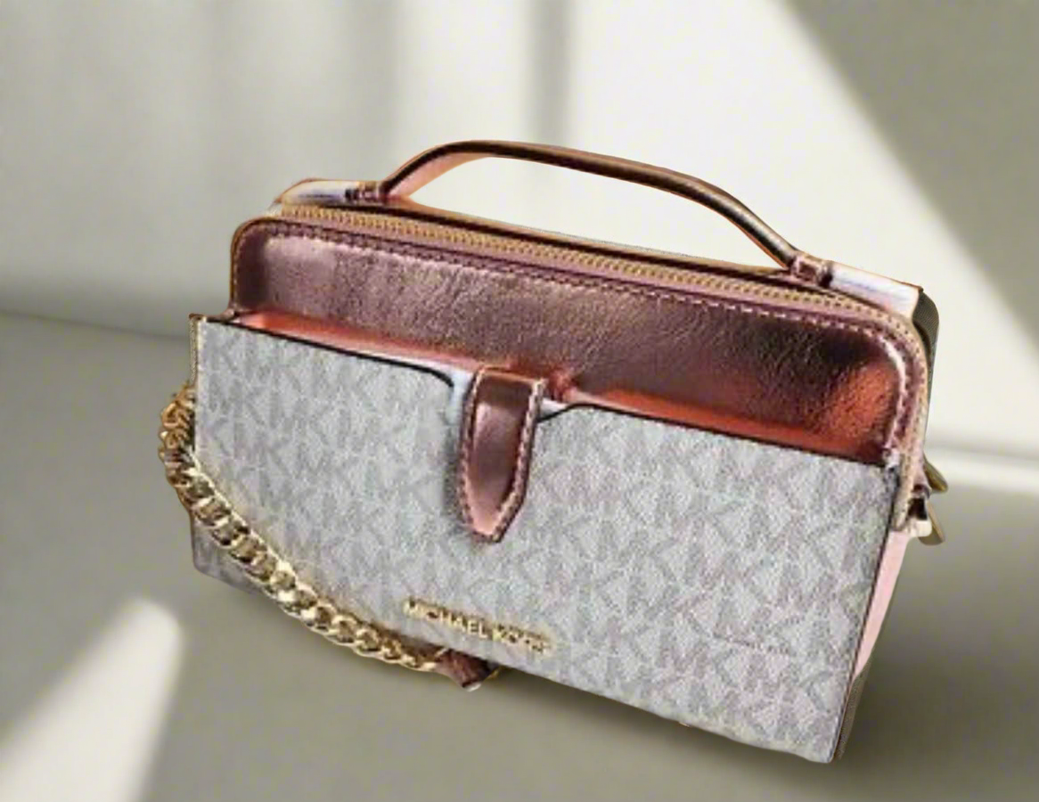 MICHAEL KORS SIGNATURE JET SET METALLIC PROMEROSE DOUBLE ZIP SMARTPHONE CROSSBODY BAG