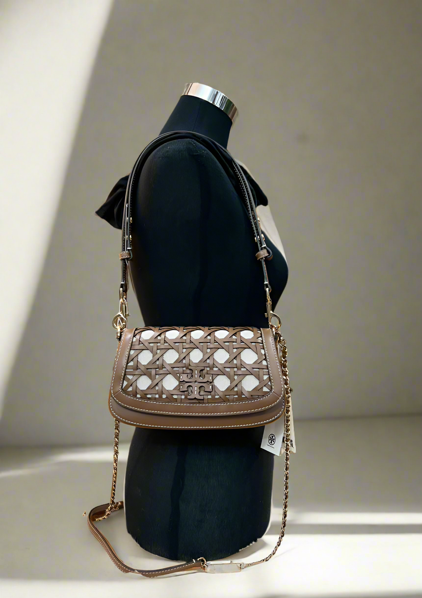 TORY BURCH BRITTEN BASKET WEAVE CONVERTIBLE CRISSBODY/SHOULDER BAG - MOOSE COLOR