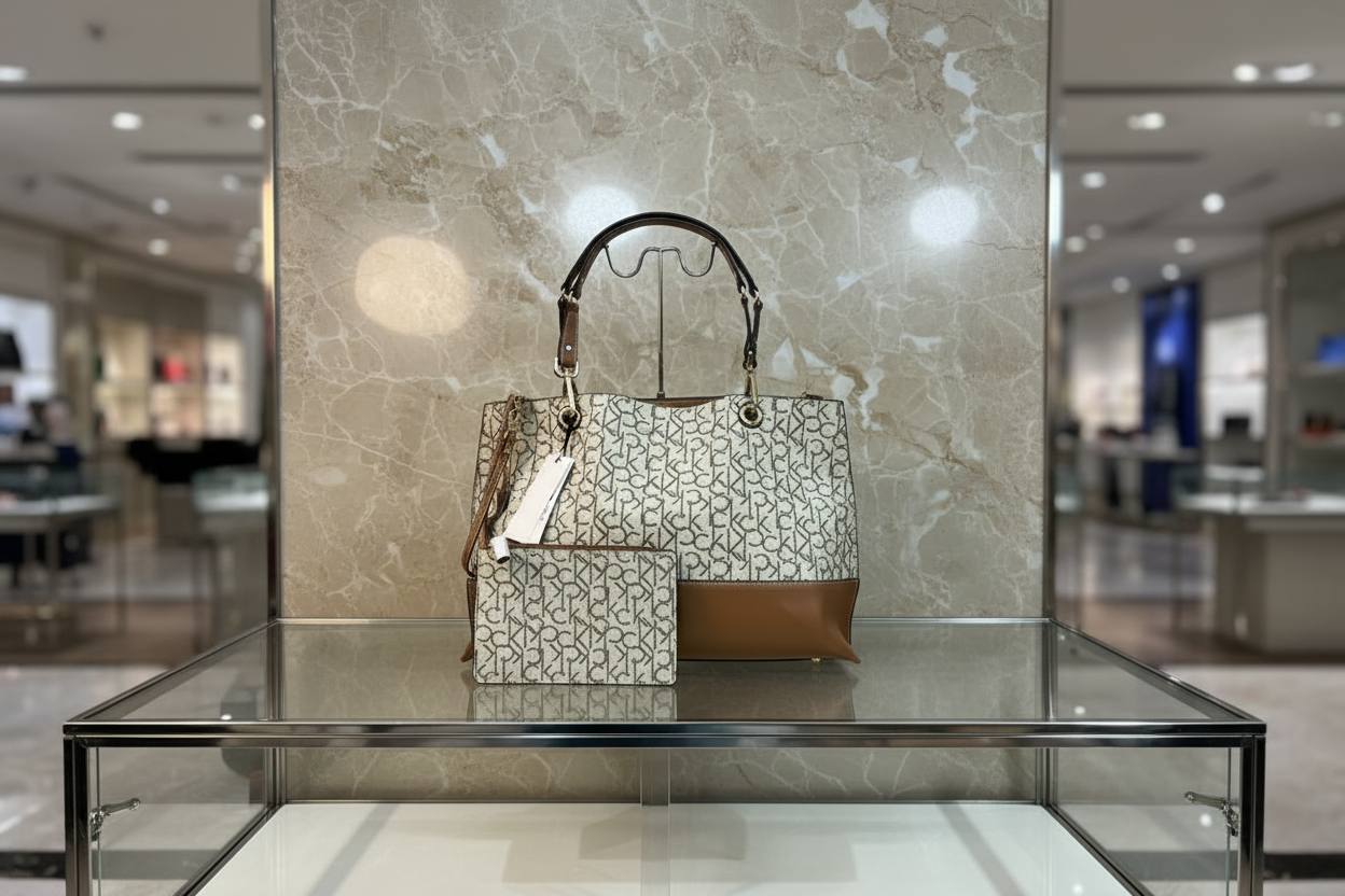 CALVIN KLEIN TOTE IN SIGNATURE LOGO BEIGE/BROWN- XL OPEN WITH LARGE ZIP POUCH & LONG STRAP