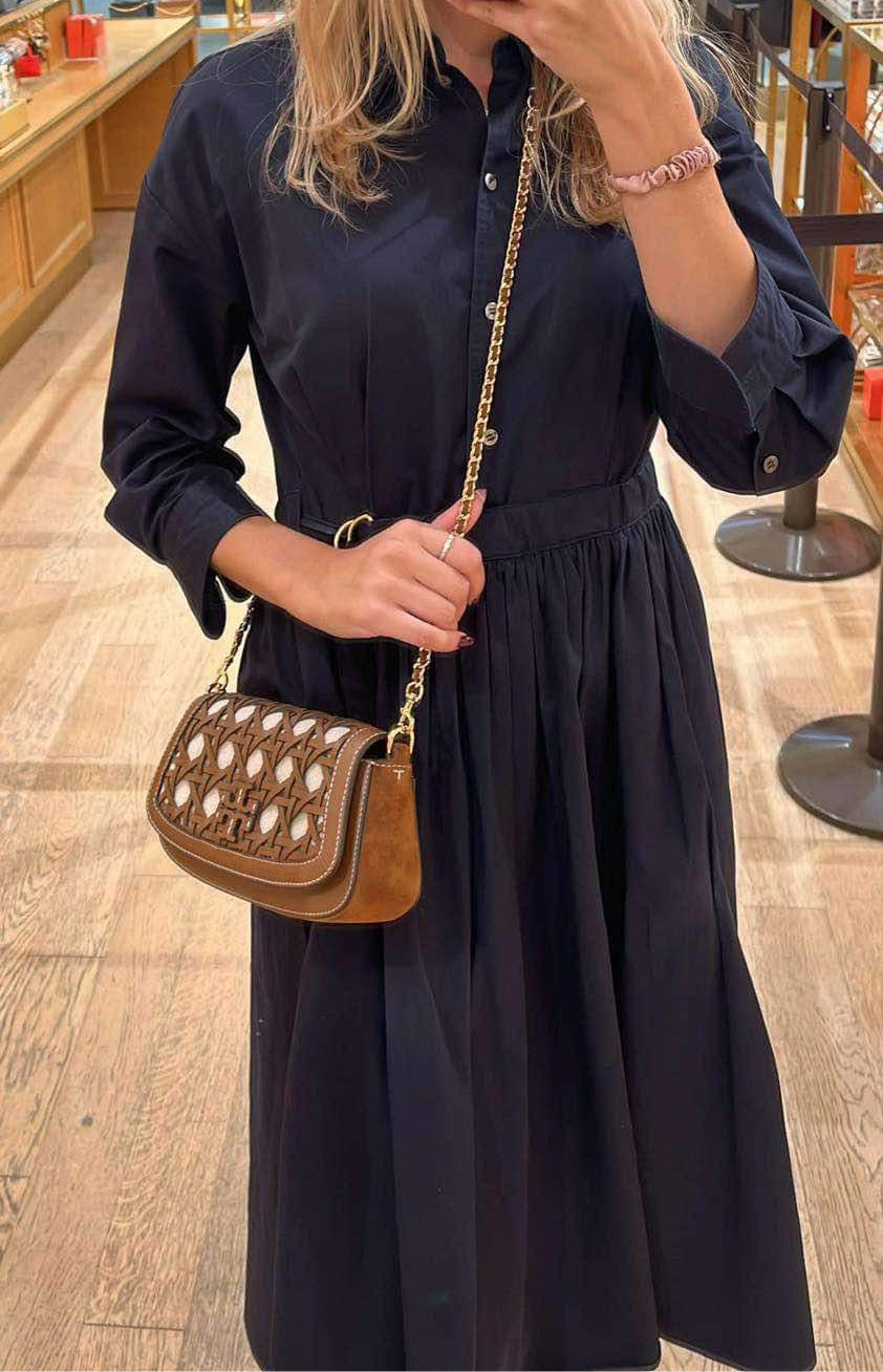 TORY BURCH BRITTEN BASKET WEAVE CONVERTIBLE CRISSBODY/SHOULDER BAG - MOOSE COLOR