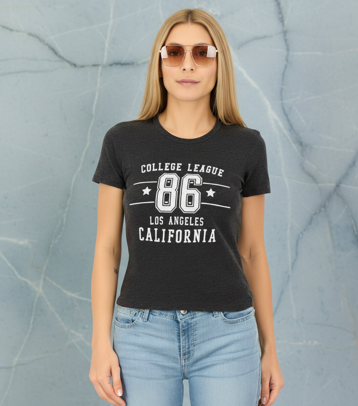 BRAVE SOUL - Women Crew Neck Short Sleeve Graphic Print T Shirt, Charcoal