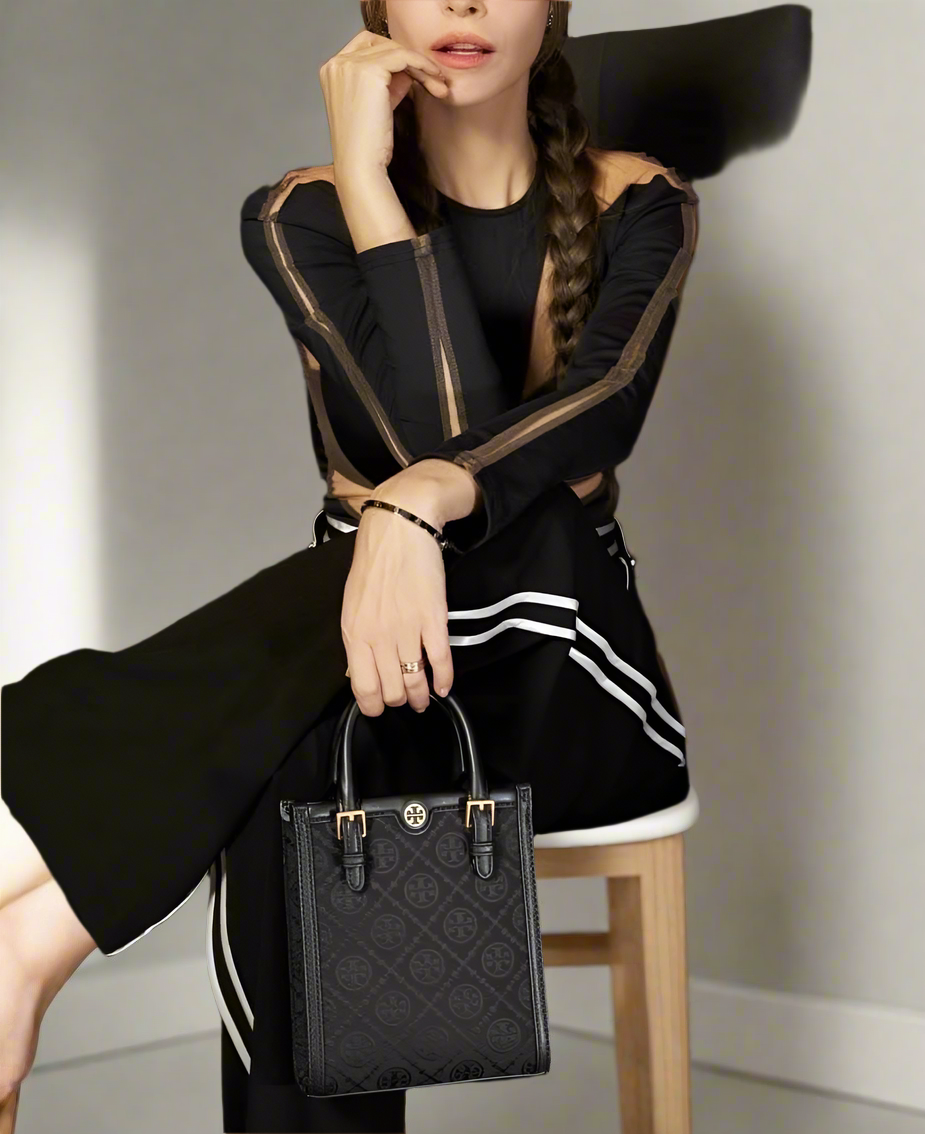 TORY BURCH MINI JACQUARD T MONOGRAM TOTE BLACK