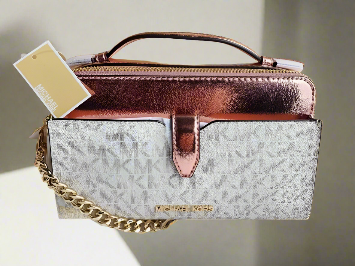 MICHAEL KORS SIGNATURE JET SET METALLIC PROMEROSE DOUBLE ZIP SMARTPHONE CROSSBODY BAG
