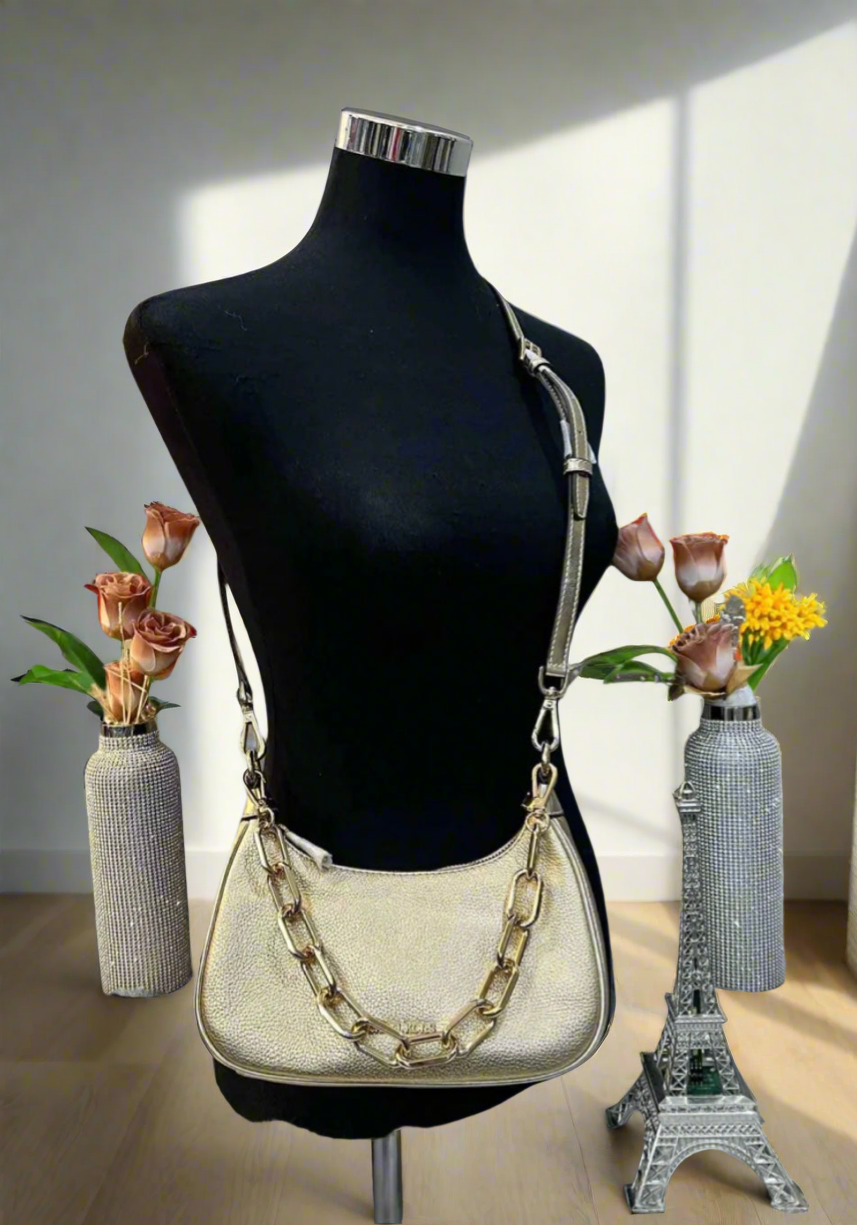 MICHAEL KORS MINI CORA CHAIN SHOULDER BAG/CROSBODY BAG - METTALIC PEBBLE GOLD