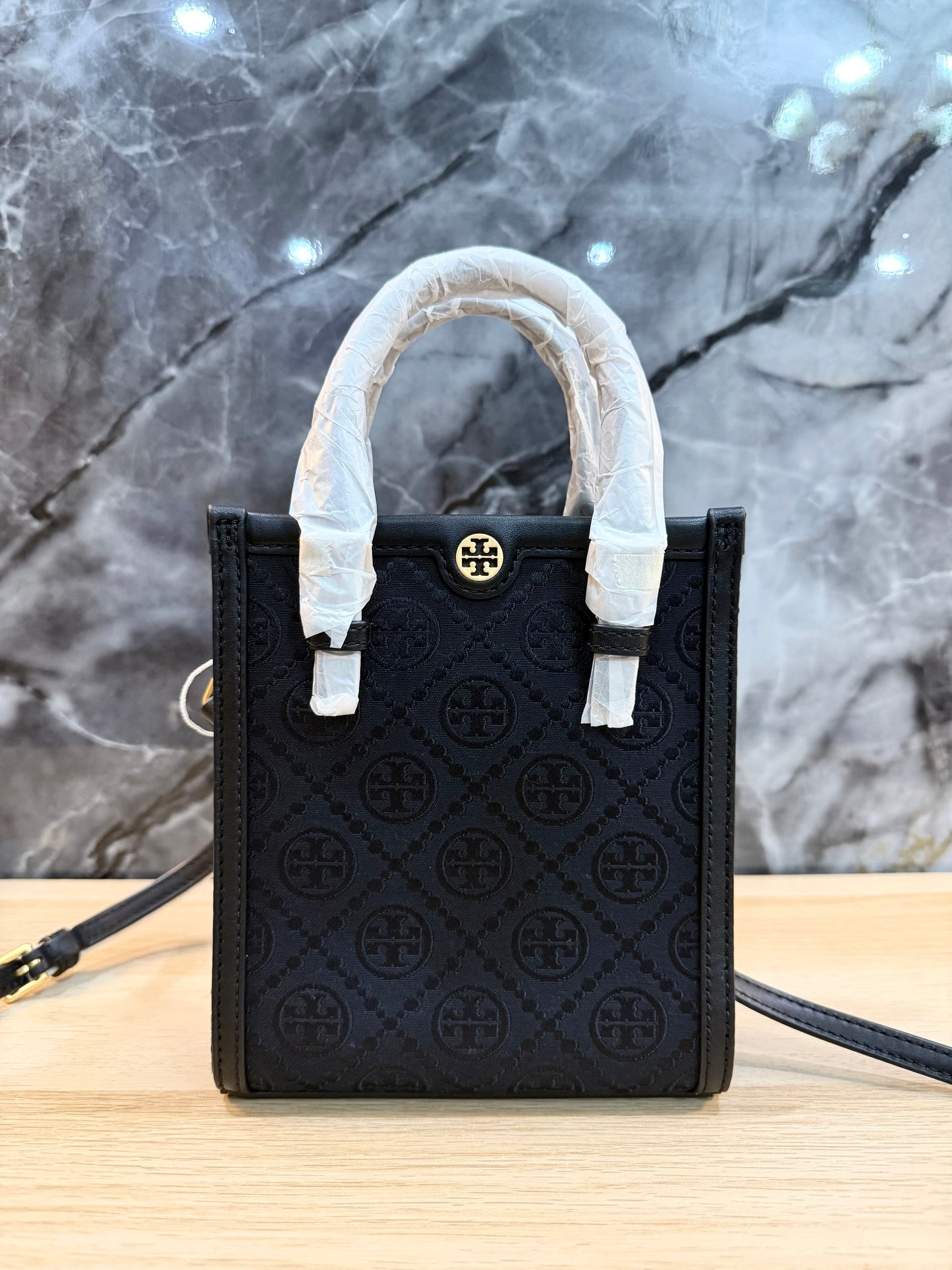 TORY BURCH MINI JACQUARD T MONOGRAM TOTE BLACK