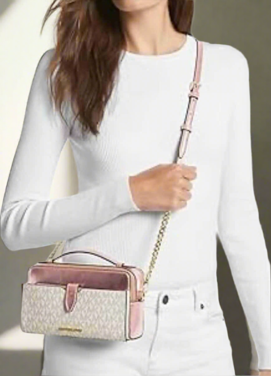 MICHAEL KORS SIGNATURE JET SET METALLIC PROMEROSE DOUBLE ZIP SMARTPHONE CROSSBODY BAG