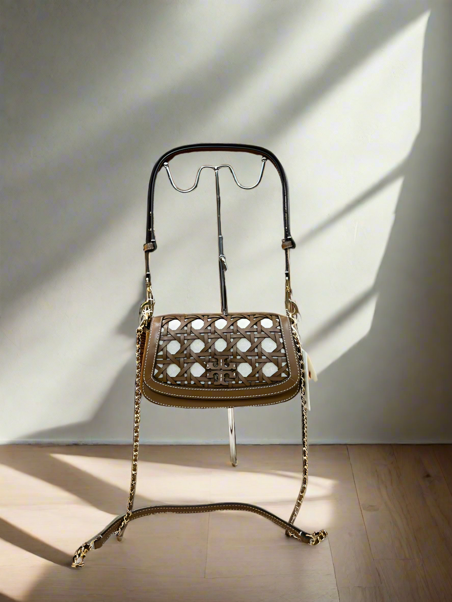 TORY BURCH BRITTEN BASKET WEAVE CONVERTIBLE CRISSBODY/SHOULDER BAG - MOOSE COLOR