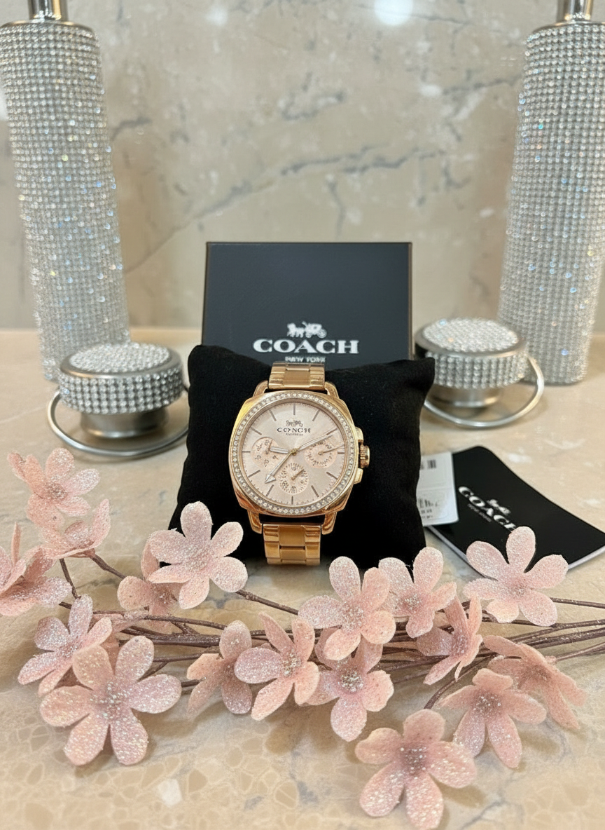 ساعة كوتش ذات وجه كبير - مطلية بالذهب الوردي والفولاذ المقاوم للصدأ