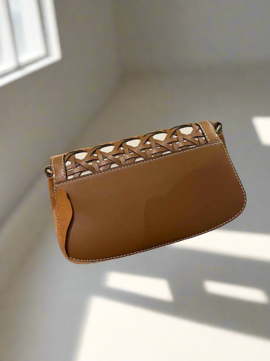 TORY BURCH BRITTEN BASKET WEAVE CONVERTIBLE CRISSBODY/SHOULDER BAG - MOOSE COLOR