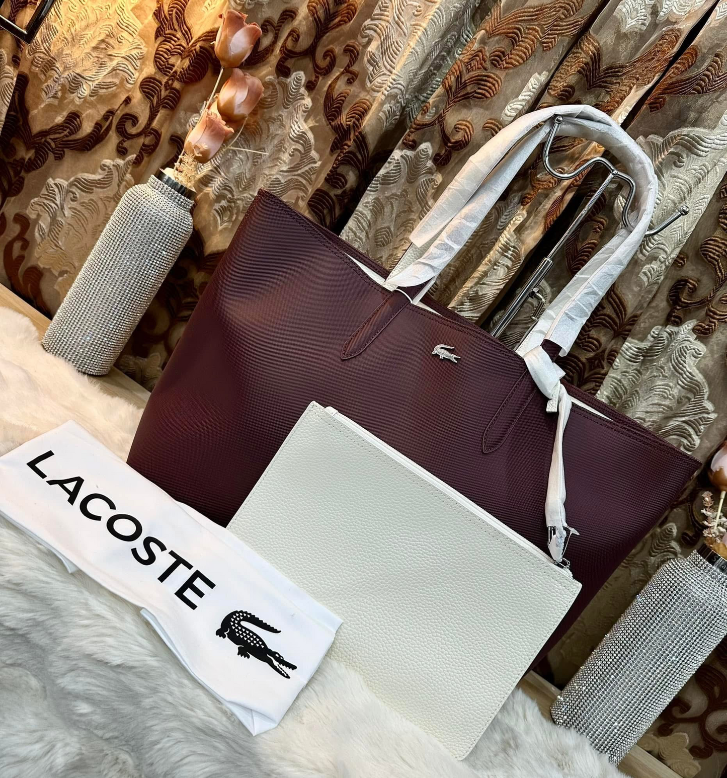 LACOSTE LARGE OPEN TOTE WITH LARGE POUCH - MAROON - REVERSIBLE