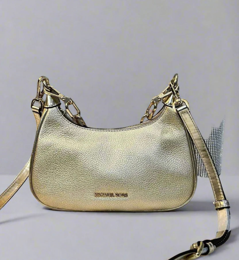MICHAEL KORS MINI CORA CHAIN SHOULDER BAG/CROSBODY BAG - METTALIC PEBBLE GOLD