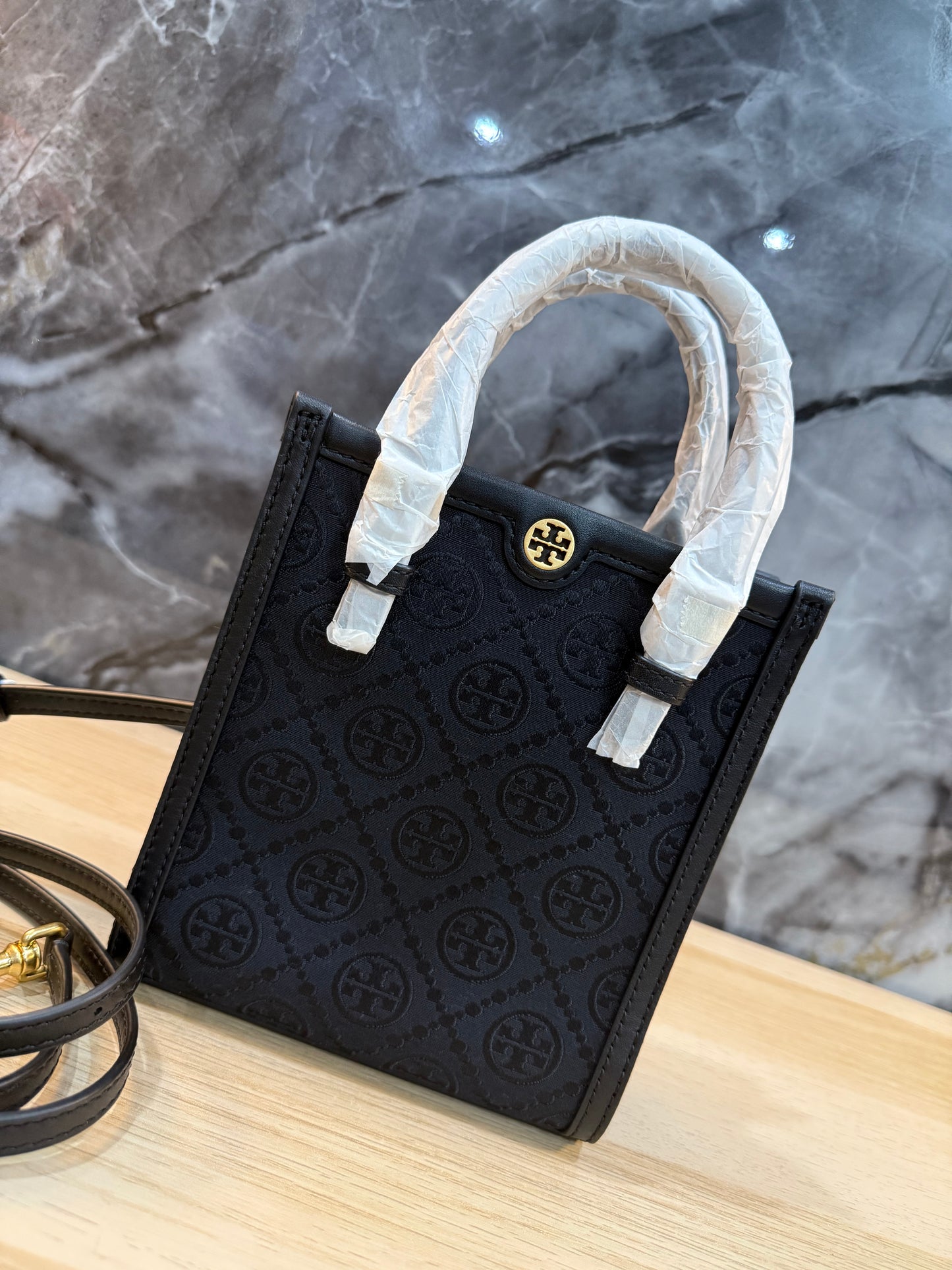 TORY BURCH MINI JACQUARD T MONOGRAM TOTE BLACK