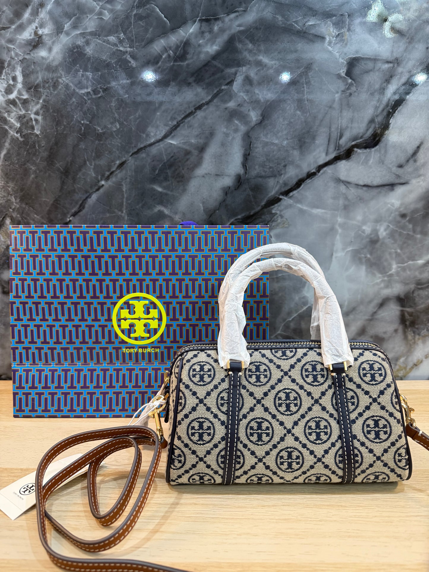 TORY BURCH PETITE BARREL/XBODY - T MONOGRAM NAVY BLUE