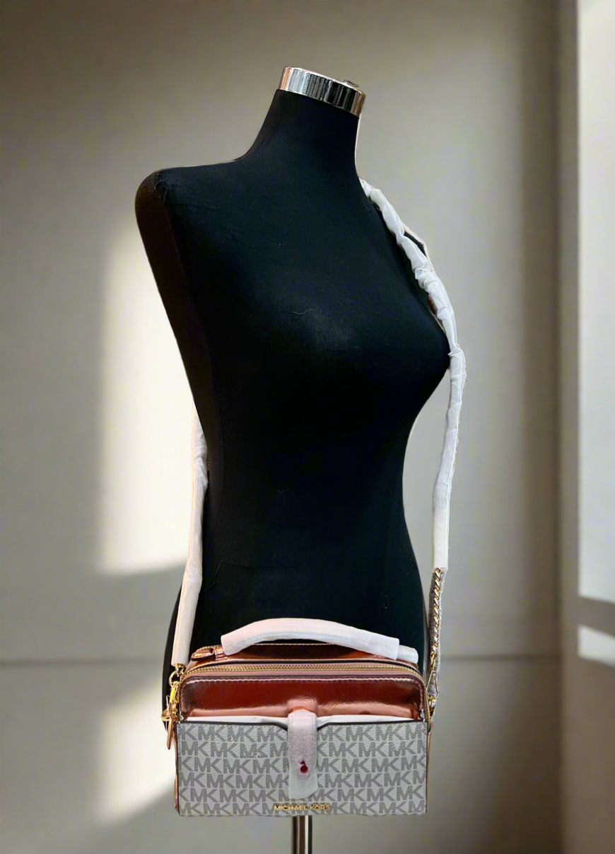 MICHAEL KORS SIGNATURE JET SET METALLIC PROMEROSE DOUBLE ZIP SMARTPHONE CROSSBODY BAG