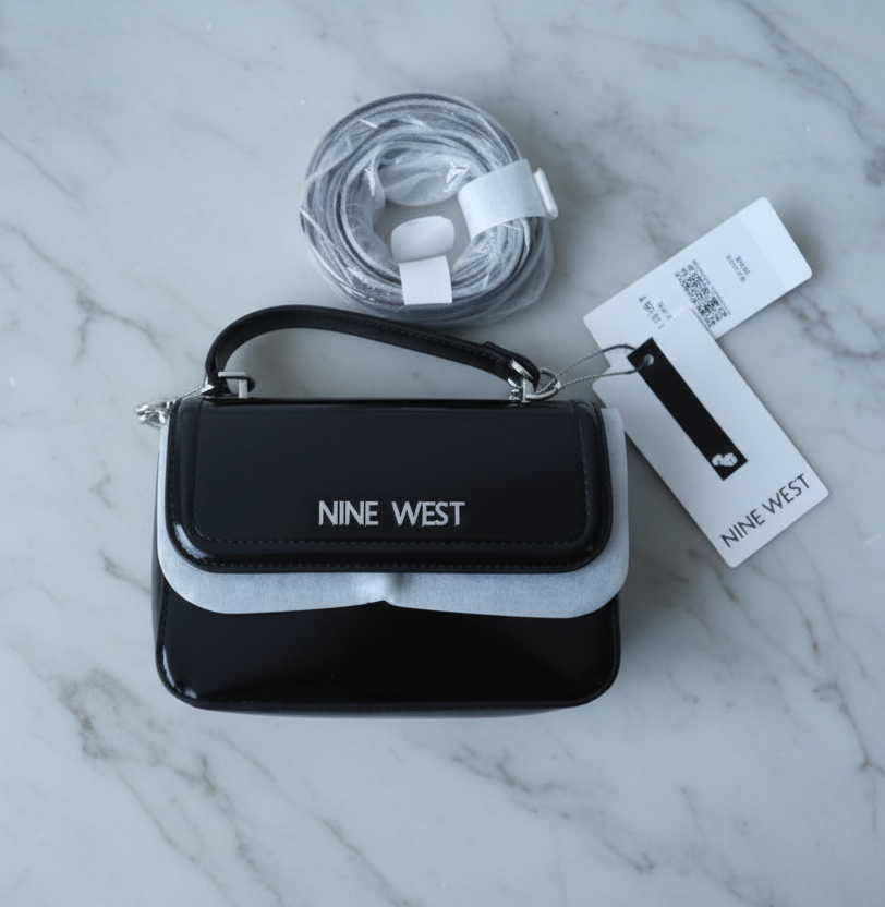 NINE WEST MINI SATCHEL TOP HANDLE/CROSSBODY BAG - PATENT LEATHER - BLACK