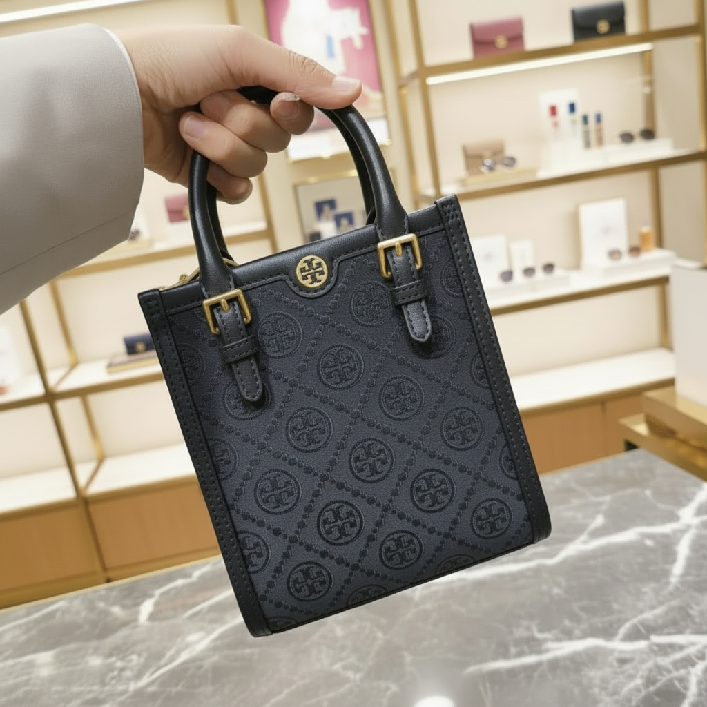 TORY BURCH MINI JACQUARD T MONOGRAM TOTE BLACK