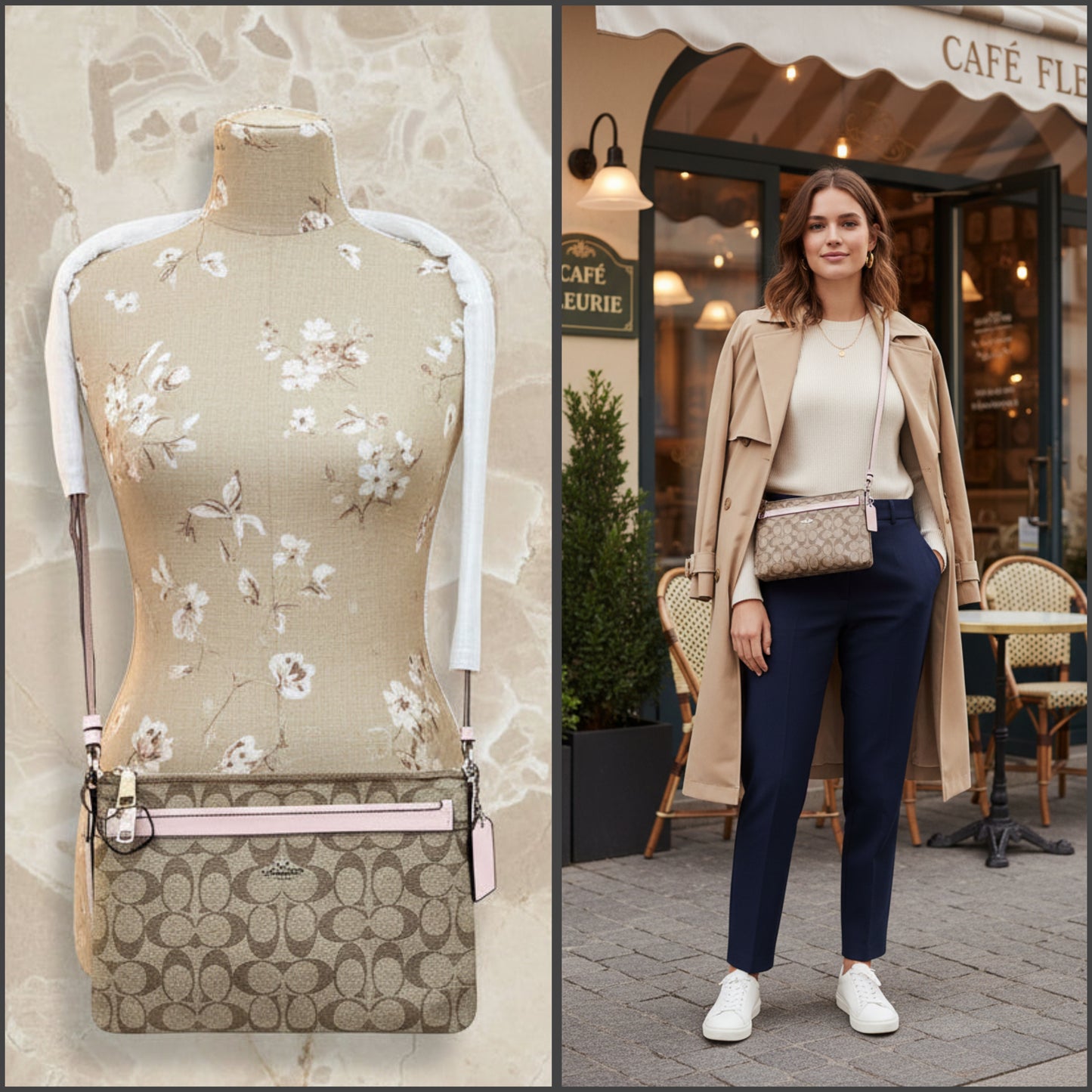 SALE‼️ COACH EAST WEST CROSSBODY WITH POP-UP POUCH KHAKI-PINK - WITH FLAWS/PEELED OFF/SCALED FROM THE CREED INSIDE, SEE PHOTO