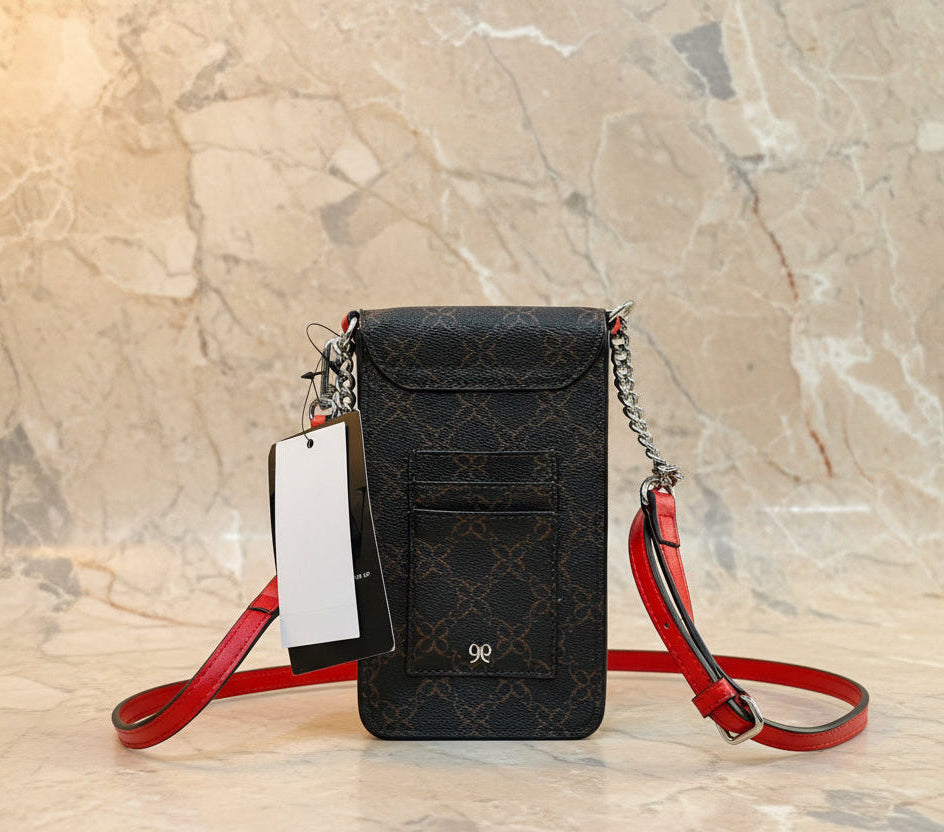 NINE WEST SPRINGY MINI PHONE CROSSBODY IN SIGNATURE BROWN/VYBER RED CANVAS