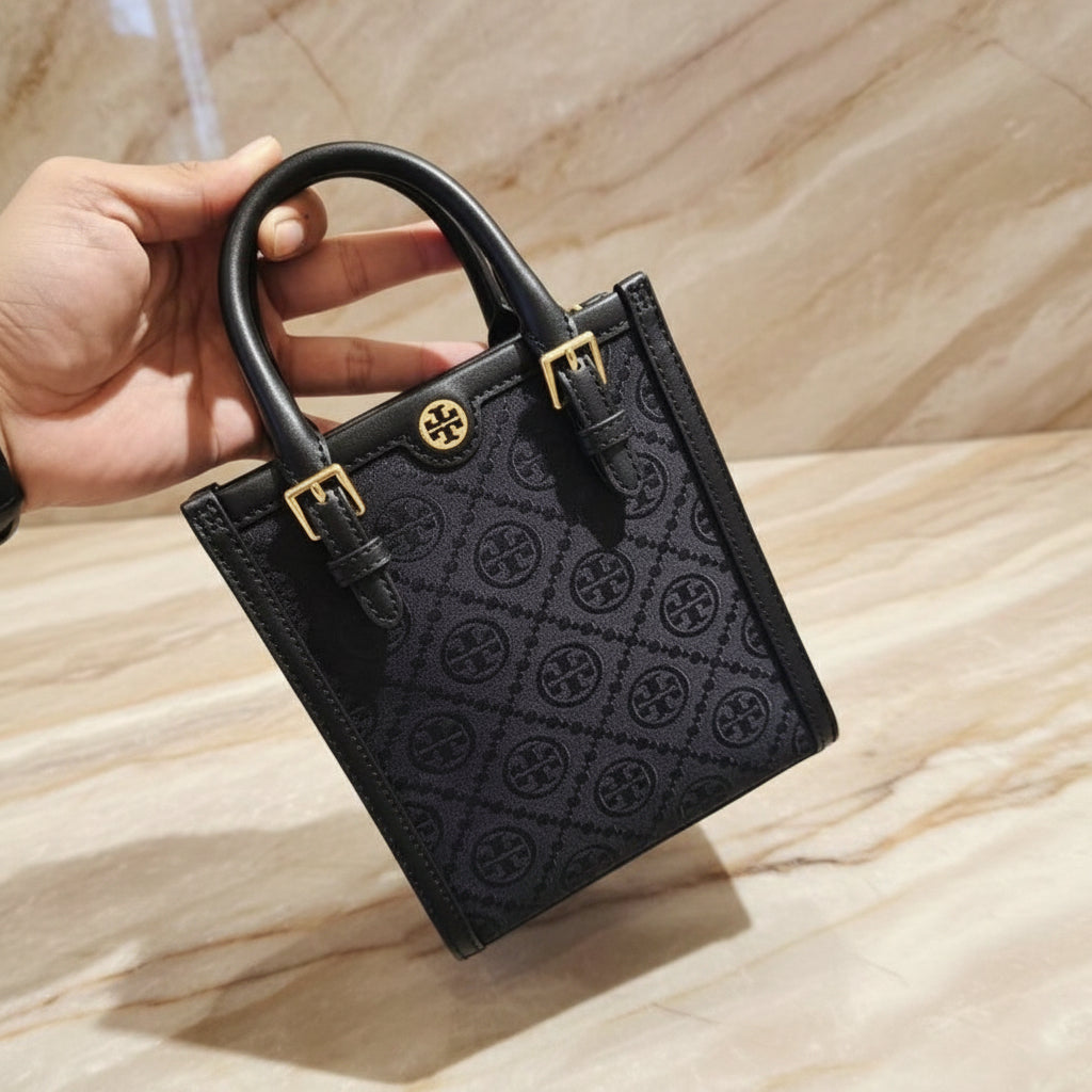 TORY BURCH MINI JACQUARD T MONOGRAM TOTE BLACK