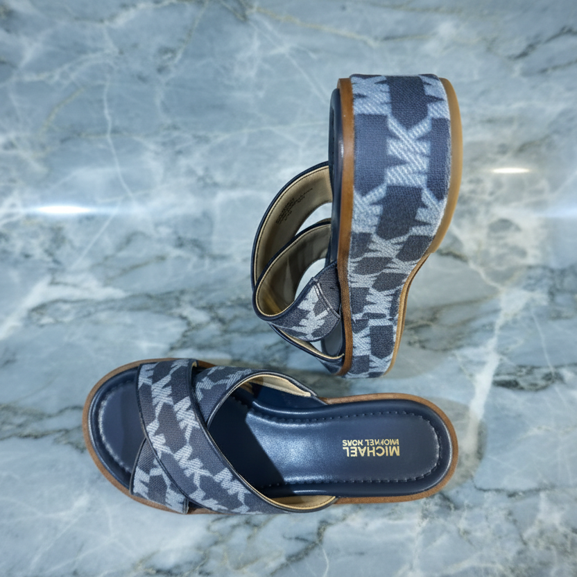 MICHAEL KORS INDIRA WEDGE SANDALS - SIGNATURE BLUE - CAN FIT FROM SIZE 5.5