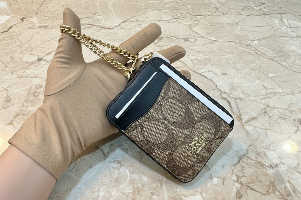 COACH ZIP CARD CASE WITH CHAIN