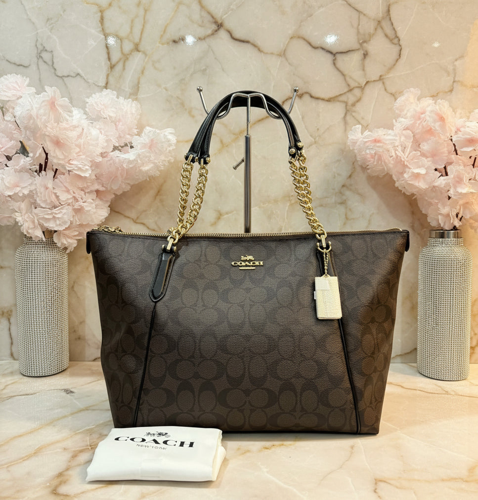 COACH AVA LARGE ZIP TOP TOTE IN SIGNATURE BLACK BROWN