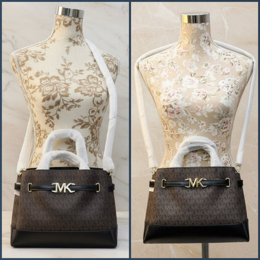 MICHAEL KORS REED SMALL BELTED LOGO SATCHEL IN BLACK BROWN COLOR