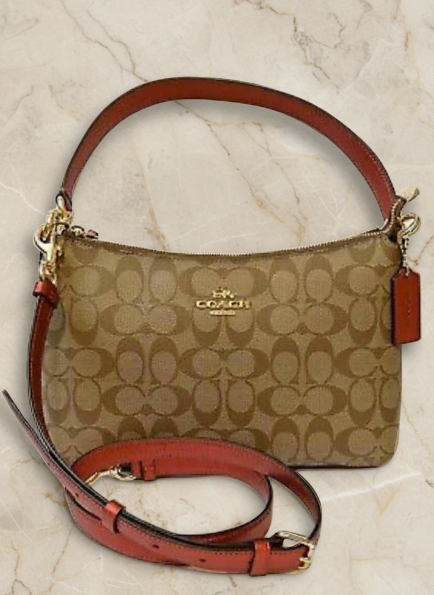 COACH BUNDLE LEWIS SHOULDER BAG/CROSSBODY BAG & ZIP AROUND WRISLET WALLET IN SIGNATURE CANVAS METTALIC CLAY LINING