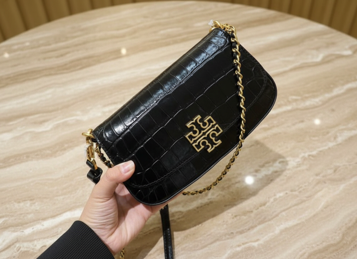 TORY BURCH EMBOSSED CROC BRITTEN CONVERTIBLE SHOULDER BAG/XBODY BAG - BLACK