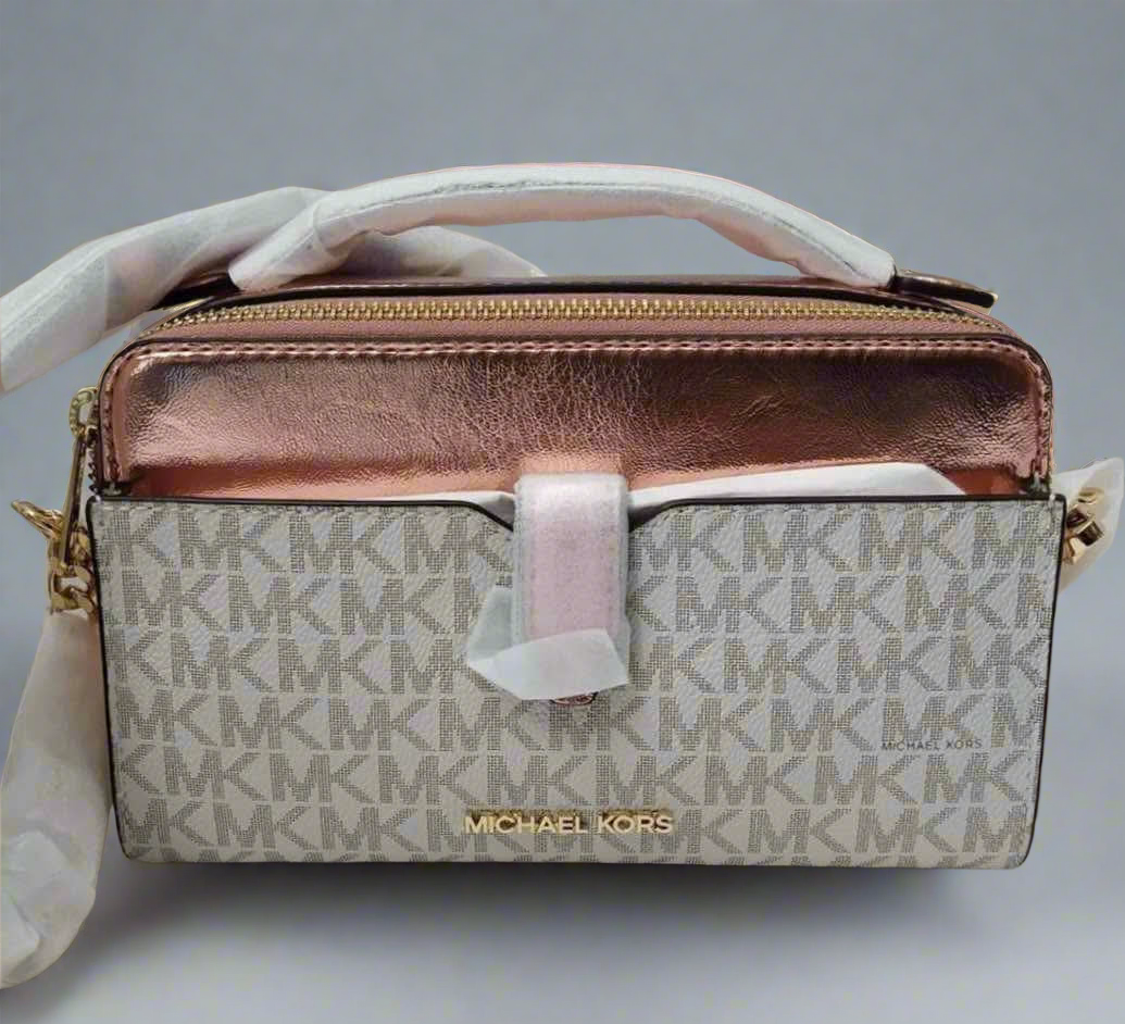 MICHAEL KORS SIGNATURE JET SET METALLIC PROMEROSE DOUBLE ZIP SMARTPHONE CROSSBODY BAG