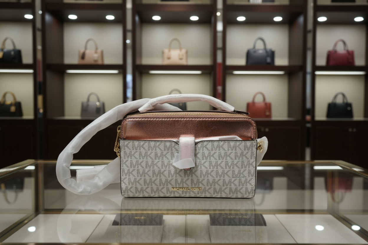 MICHAEL KORS SIGNATURE JET SET METALLIC PROMEROSE DOUBLE ZIP SMARTPHONE CROSSBODY BAG