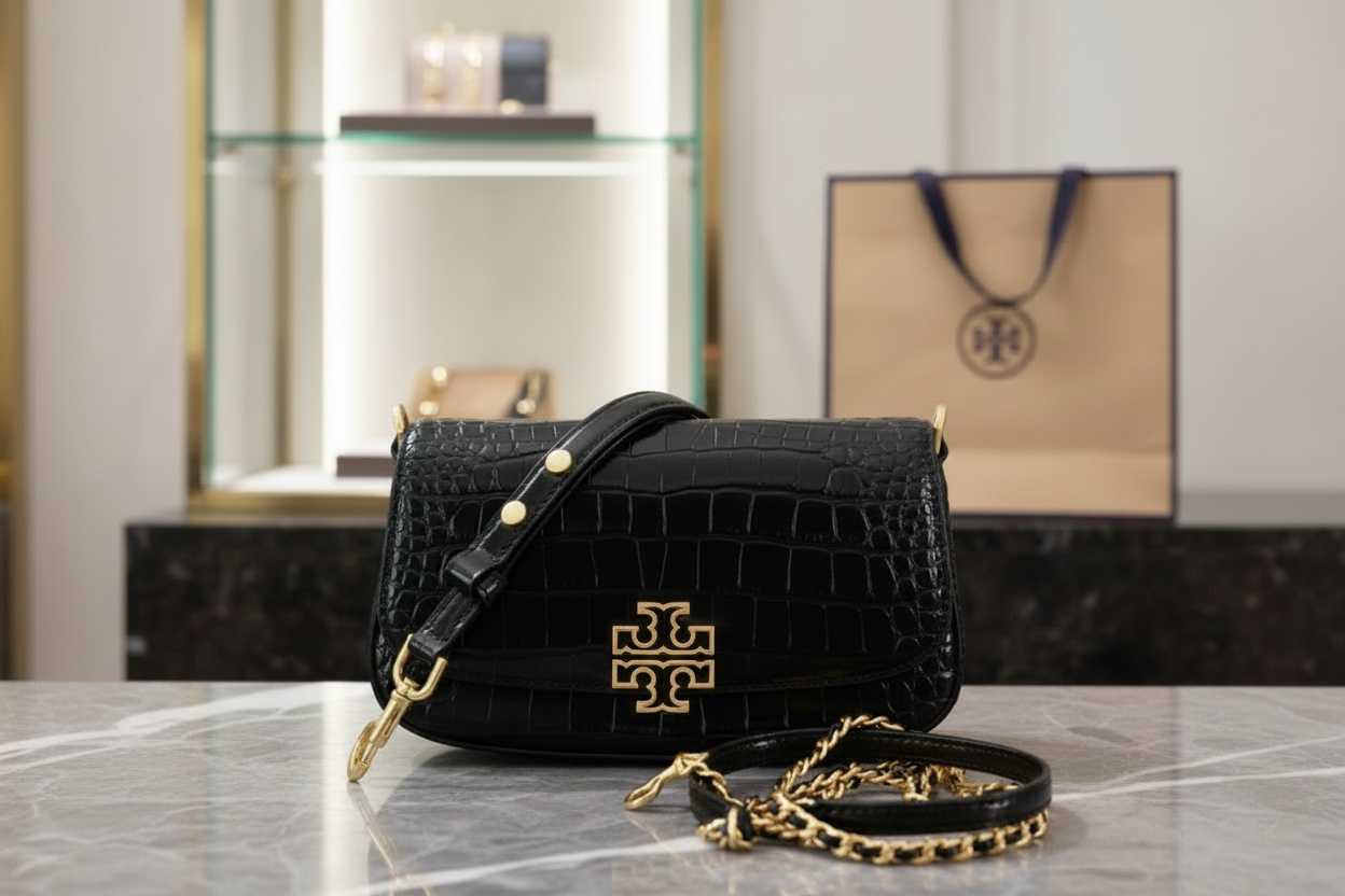 TORY BURCH EMBOSSED CROC BRITTEN CONVERTIBLE SHOULDER BAG/XBODY BAG - BLACK