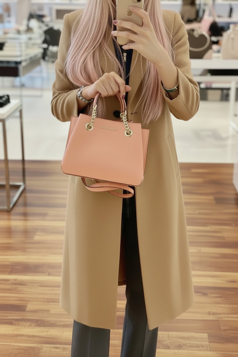 MICHAEL KORS SMALL TEAGEN LEATHER SATCHEL - PEACH