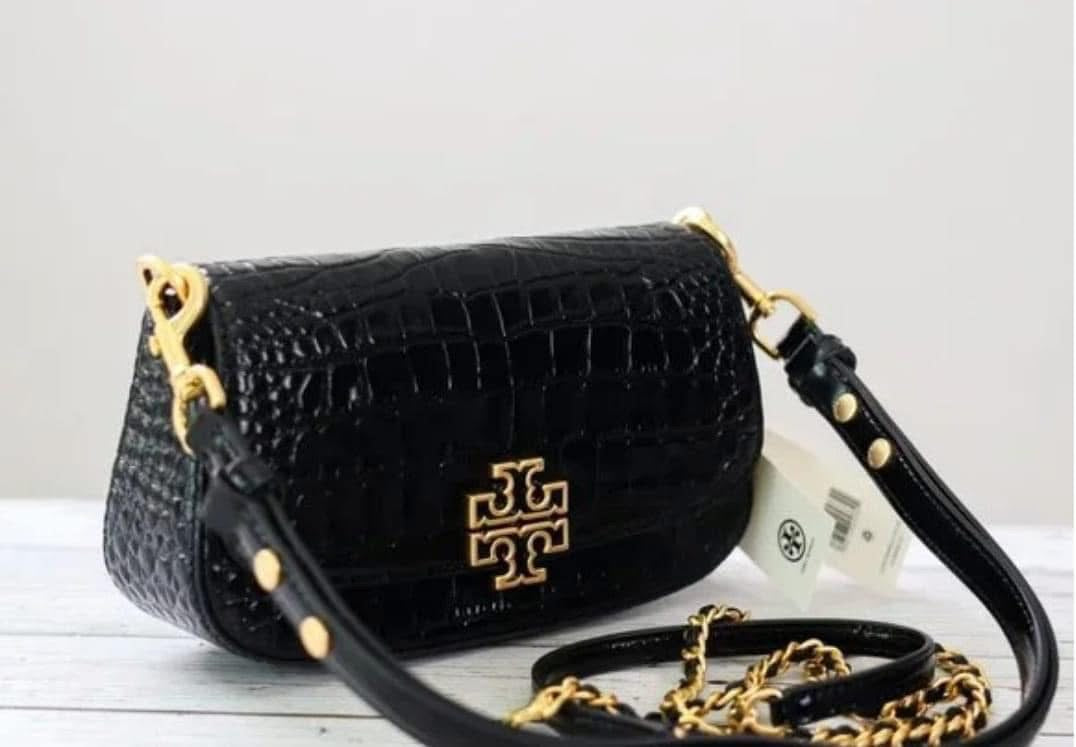 SALE! MISSING 1 BUTTON ON SHOULDER STRAP - TORY BURCH EMBOSSED CROC BRITTEN CONVERTIBLE SHOULDER BAG/XBODY BAG - BLACK