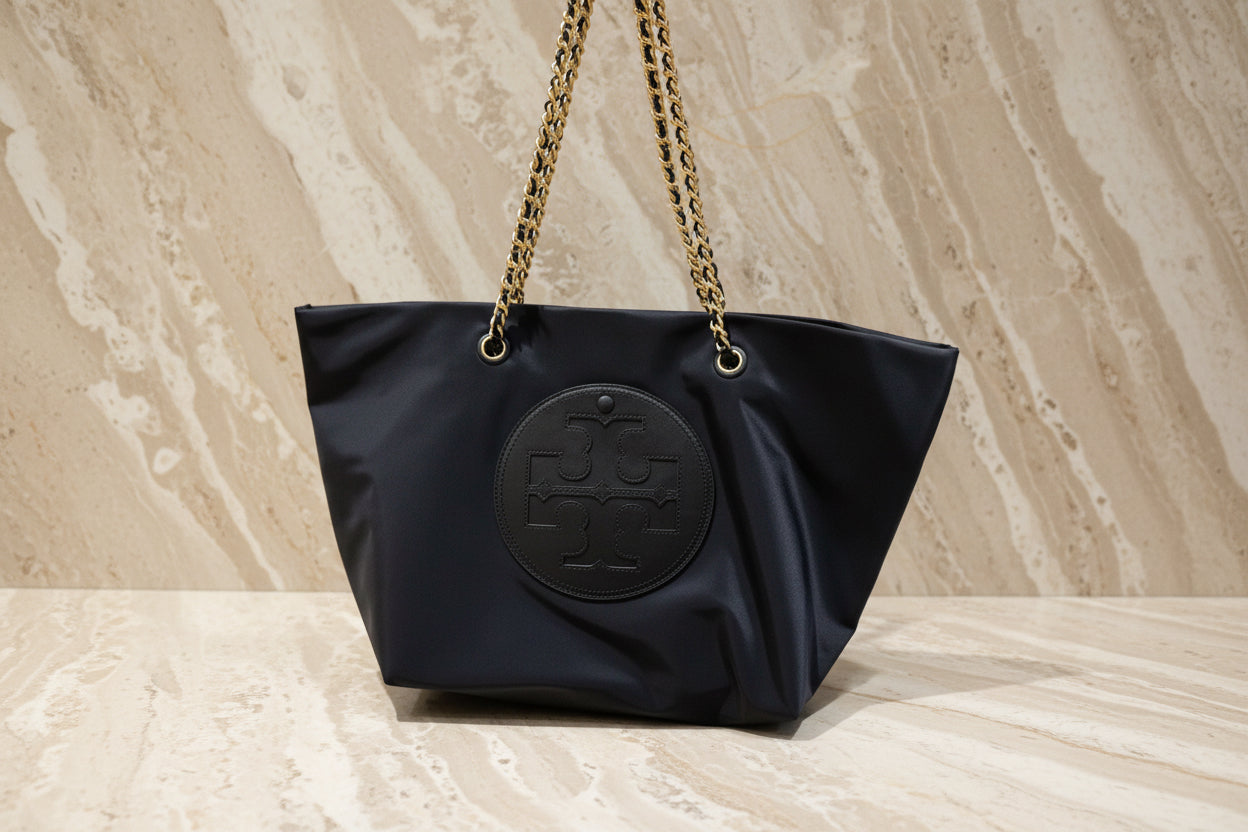 TORY BURCH ELLA PUPPY MAGNETIC CLOSURE CHAIN TOTE - BLACK