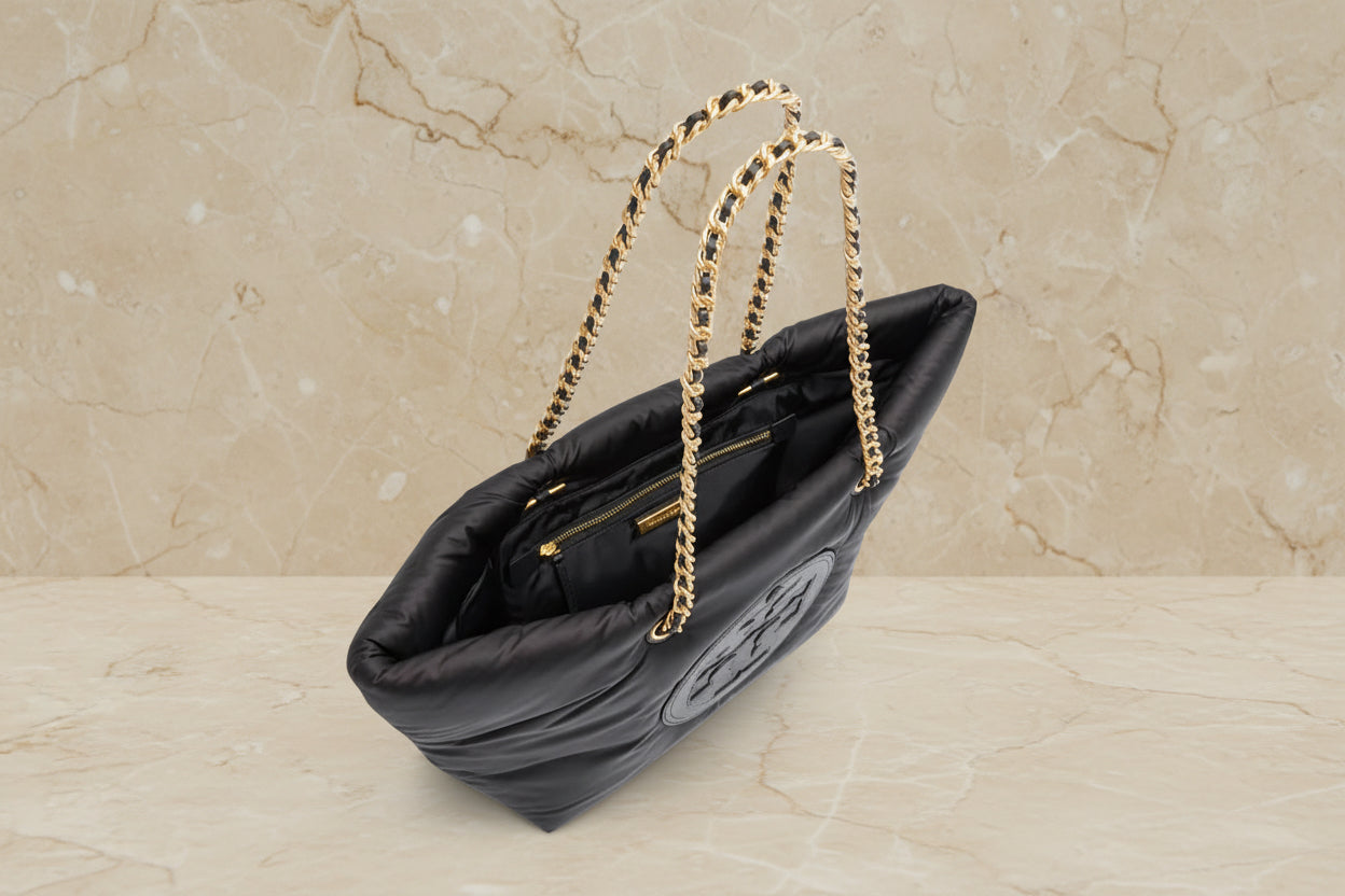TORY BURCH ELLA PUPPY MAGNETIC CLOSURE CHAIN TOTE - BLACK