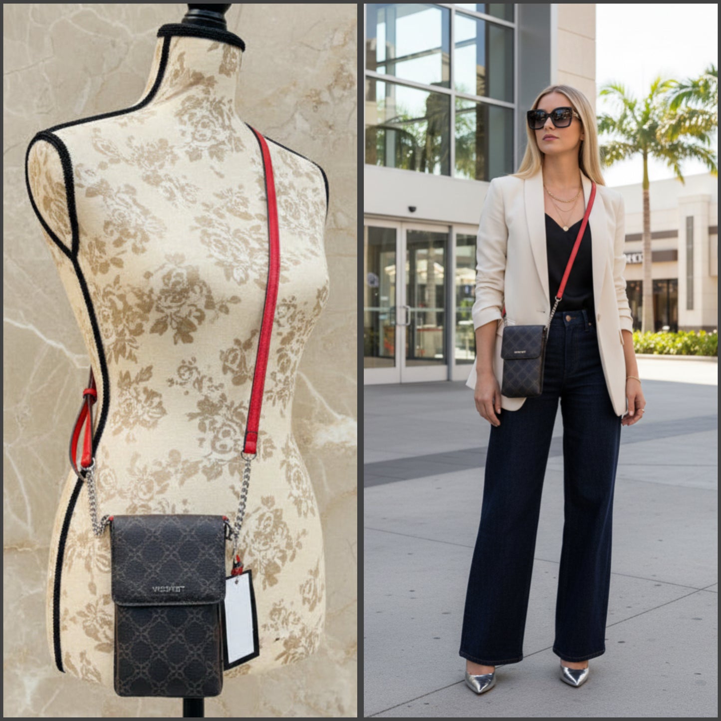 NINE WEST SPRINGY MINI PHONE CROSSBODY IN SIGNATURE BROWN/VYBER RED CANVAS