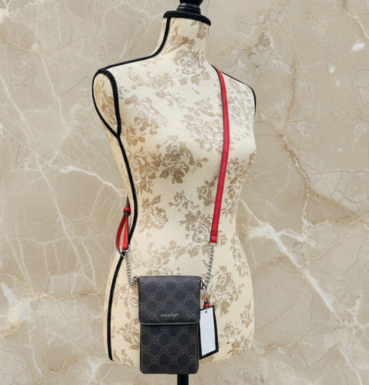NINE WEST SPRINGY MINI PHONE CROSSBODY IN SIGNATURE BROWN/VYBER RED CANVAS
