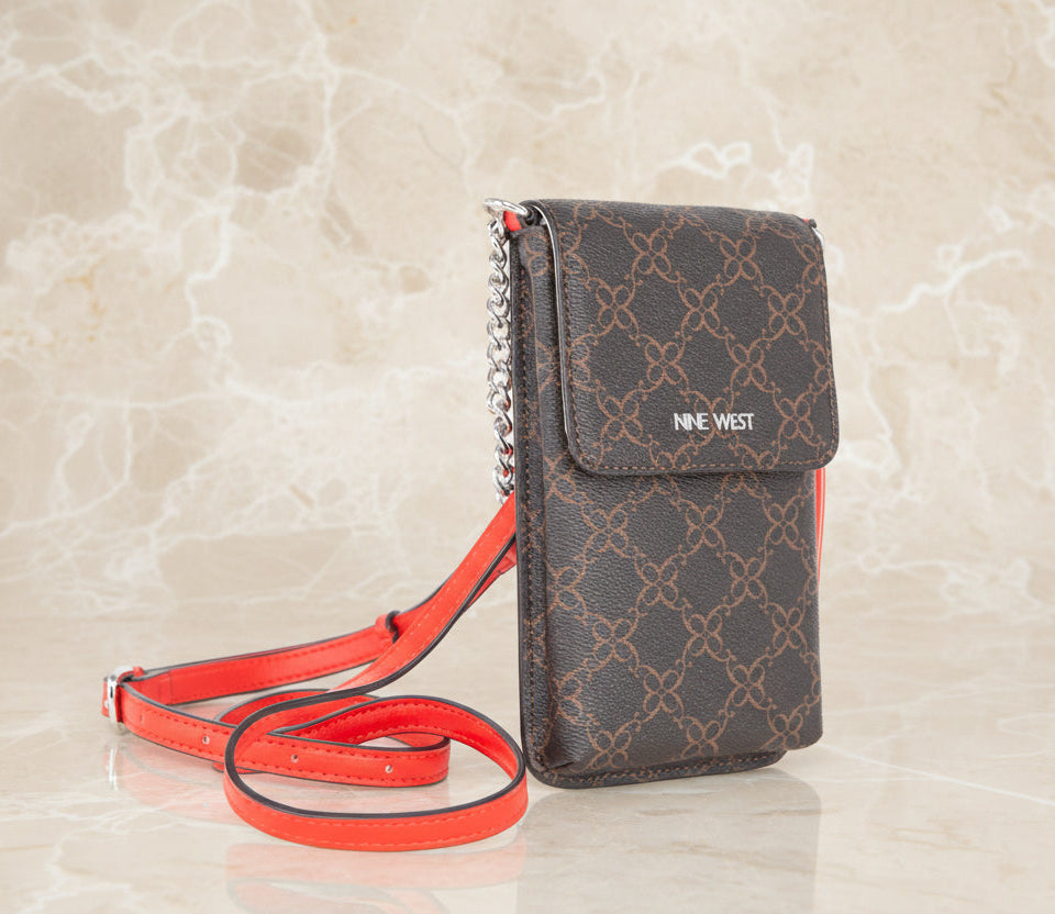 NINE WEST SPRINGY MINI PHONE CROSSBODY IN SIGNATURE BROWN/VYBER RED CANVAS