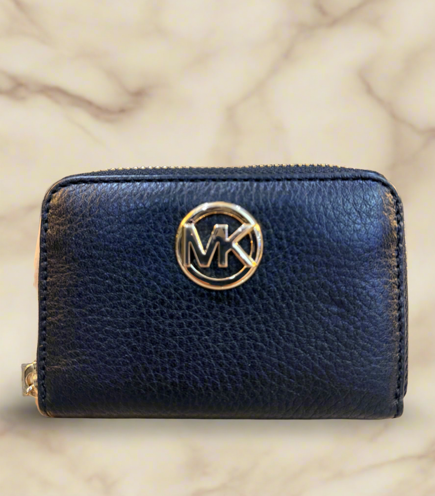 MICHAEL KORS FULTON LEATHER ZIP AROUND COIN PURSE - BLACK
