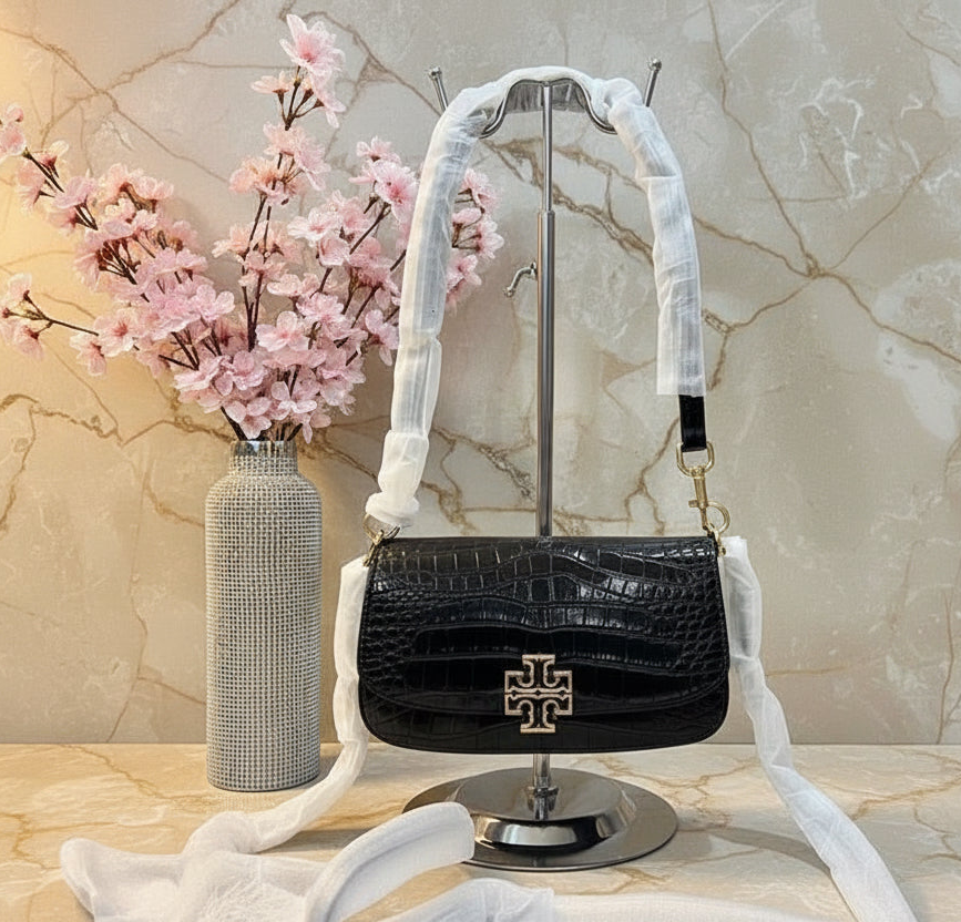TORY BURCH EMBOSSED CROC BRITTEN CONVERTIBLE SHOULDER BAG/XBODY BAG - BLACK