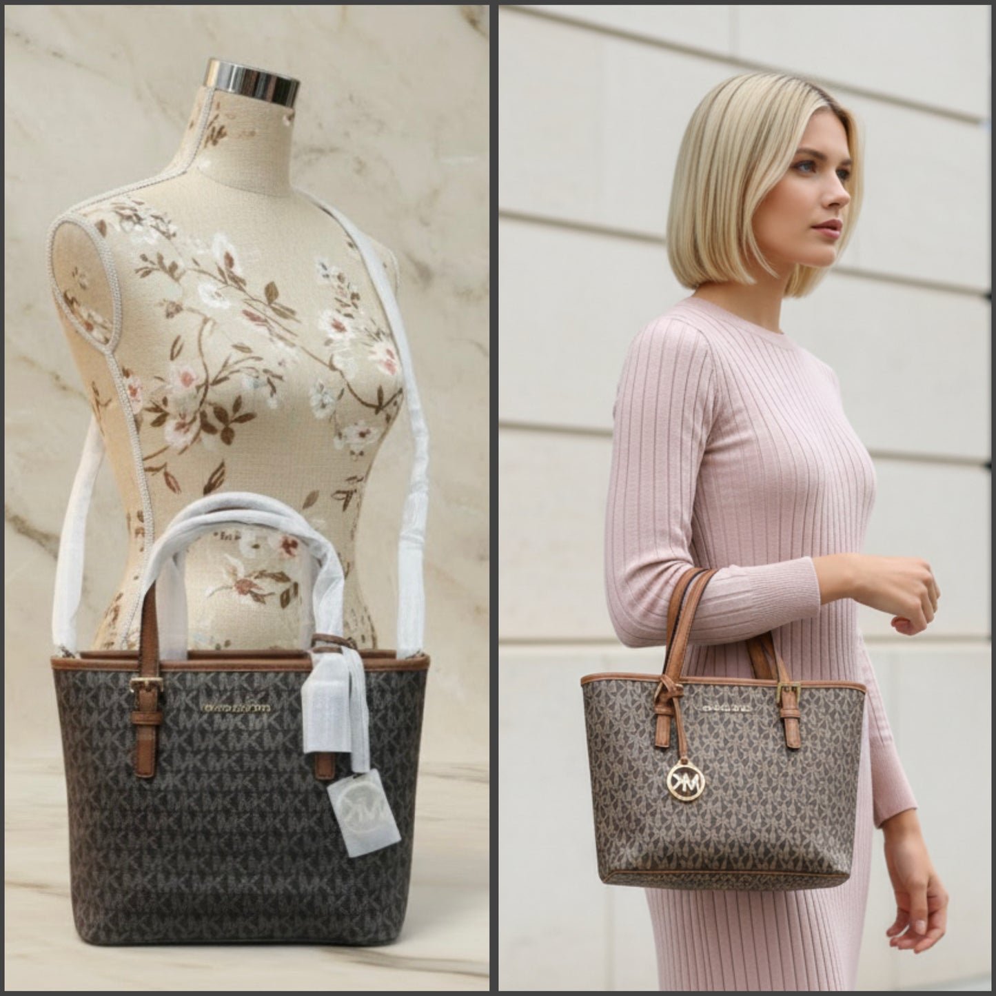 MICHAEL KORS XS JET SET CARRYALL TRAVEL ZIP TOTE - BLACK - BROWN MULTI WITH A TOUCH OF METTALIC GOLD